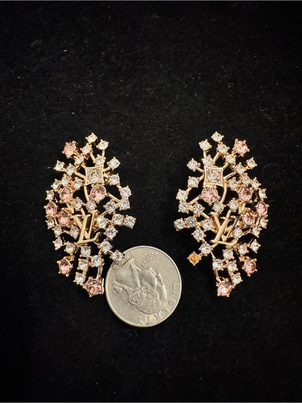 Louis Vuitton Gold Tone Pink Crystal Floral Cluster Earrings - Picture 6 of 7